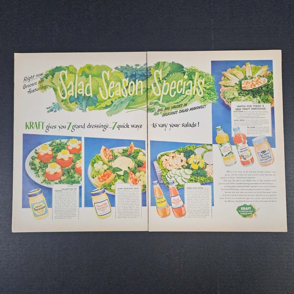 1951 Kraft Salad Dressing Vintage Print Ad Mayo French Caesar Sea Island Recipes
